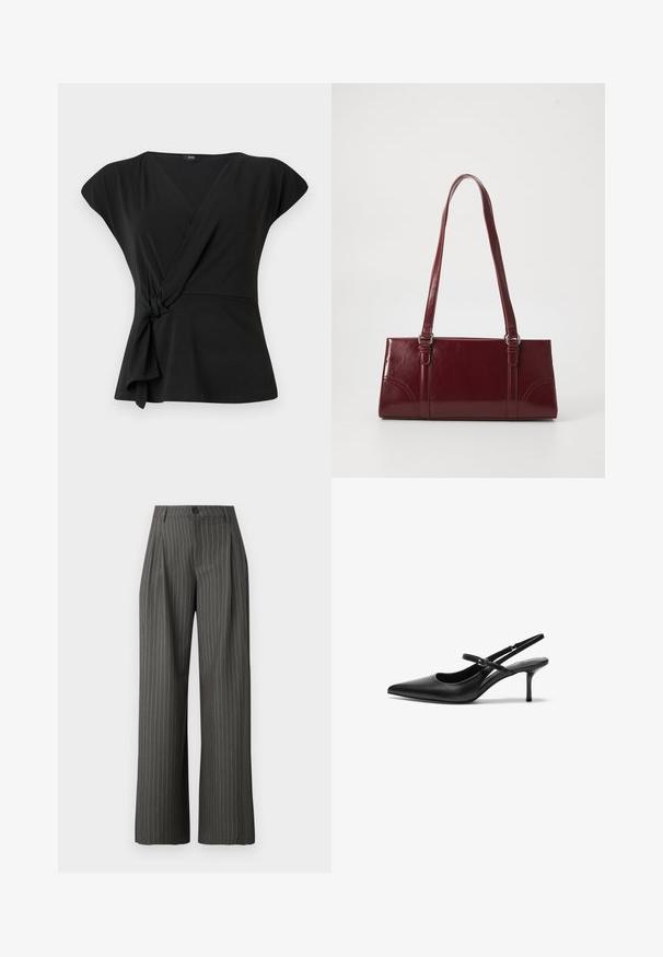 Haut noir à manches courtes, avec un détail noué à la taille et un tissu lisse et extensible. Design en V.; JDY JDYGRACE RIVER WIDE PANT - Pantalon classique - dark grey/cloud dancer; Talons aiguilles noires en cuir avec un bout pointu, une fine bride réglable, et un talon aiguille d'environ 5 cm, texture lisse.; Sac à main bordeaux en matériau brillant, de forme rectangulaire, avec deux anses et des accents légèrement courbés à l'avant.