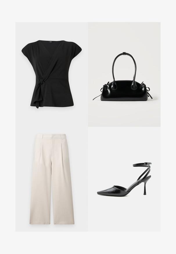 Haut noir à manches courtes, avec un détail noué à la taille et un tissu lisse et extensible. Design en V.; ONLY ONLLANDO PLEAT CULOTTE PANT - Pantalon classique - pumice stone; Escarpin noir à bout pointu avec fines brides de cheville et fermeture à boucle argentée sur fond clair uni.; Petit sac à main noir brillant avec deux longues anses et des détails à cordon sur les côtés sur un fond clair uni.