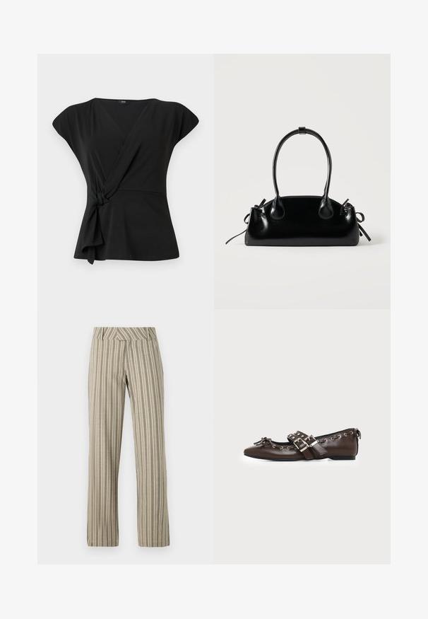 Haut noir à manches courtes, avec un détail noué à la taille et un tissu lisse et extensible. Design en V.; Pantalons larges rayés beige en tissu léger, dotés d'une taille haute et d'une coupe droite avec des poches latérales.; Chaussure plate en cuir marron foncé avec bout pointu, doubles brides à boucles argentées, œillets métalliques et nœud décoratif à l'avant.; Petit sac à main noir brillant avec deux longues anses et des détails à cordon sur les côtés sur un fond clair uni.