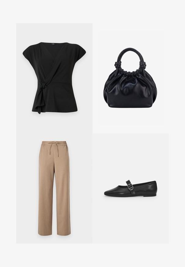 Haut noir à manches courtes, avec un détail noué à la taille et un tissu lisse et extensible. Design en V.; Pantalons larges beige en tissu texturé, avec une taille élastique et un détail de lien, ornés de subtiles rayures verticales.; Chaussure plate en cuir noir avec un bout arrondi, une seule sangle réglable à boucle et une texture lisse et brillante. Design minimaliste avec un petit talon.; Sac à main en cuir noir souple avec le dessus froncé et deux grosses poignées nouées sur un fond uni clair.