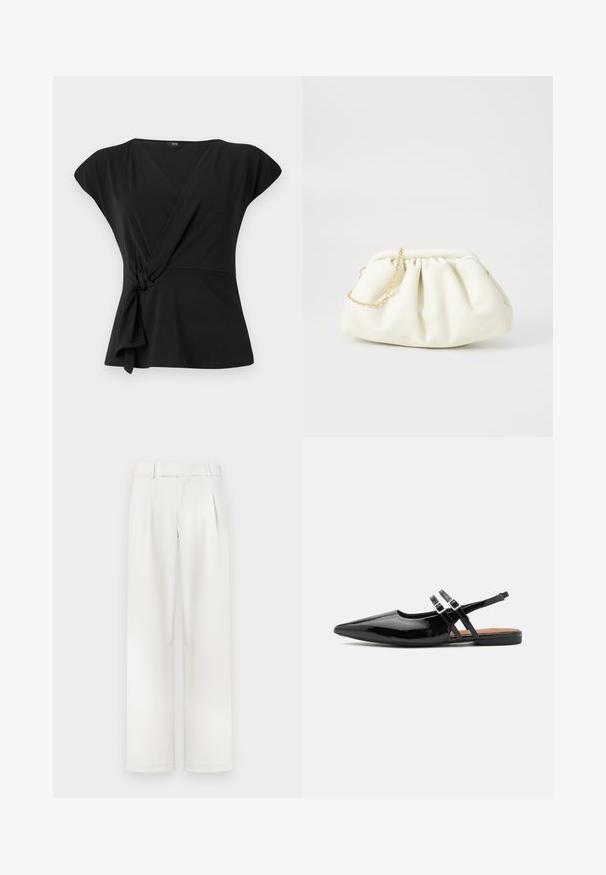 Black wrap top with short sleeves, featuring a knotted detail at the waist and a smooth, stretchy fabric. V-neck design.; Cream-colored wide-leg trousers with a flat front, pleats, and a smooth fabric texture. Designed with belt loops and tailored hems.; Black patent leather slingback shoes feature a pointed toe, two straps with buckle accents, and a flat sole.; White leather handbag with a gathered design, featuring a gold chain strap and a rounded shape. Smooth texture with soft folds and no patterns.
