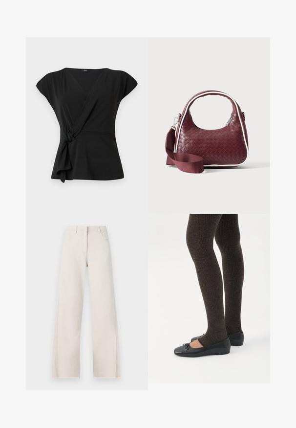 Haut noir à manches courtes, avec un détail noué à la taille et un tissu lisse et extensible. Design en V.; Jeans larges en coton crème avec taille haute, cinq poches et ourlet effiloché. Texture lisse et couleur neutre.; Jambes portant des leggings côtelés foncés associés à des ballerines noires avec de petits détails en nœud sur fond blanc.; Sac à main en cuir tressé marron foncé avec poignée courbée, garniture blanche, fermeture éclair argentée et bandoulière large en tissu amovible sur fond uni.