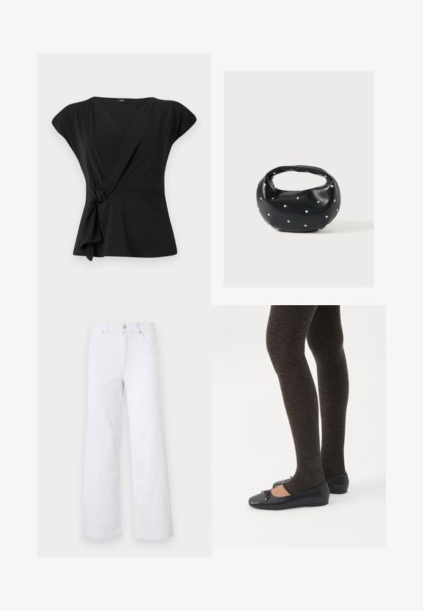 Haut noir à manches courtes, avec un détail noué à la taille et un tissu lisse et extensible. Design en V.; Des jeans larges en denim blanc avec une fermeture éclair, un bouton, deux poches avant et un design épuré sans embellissements.; Jambes portant des leggings côtelés foncés associés à des ballerines noires avec de petits détails en nœud sur fond blanc.; Sac à main en cuir noir de forme arrondie, décoré de clous argentés et équipé d'une poignée courte. Texture lisse et fermeture éclair.