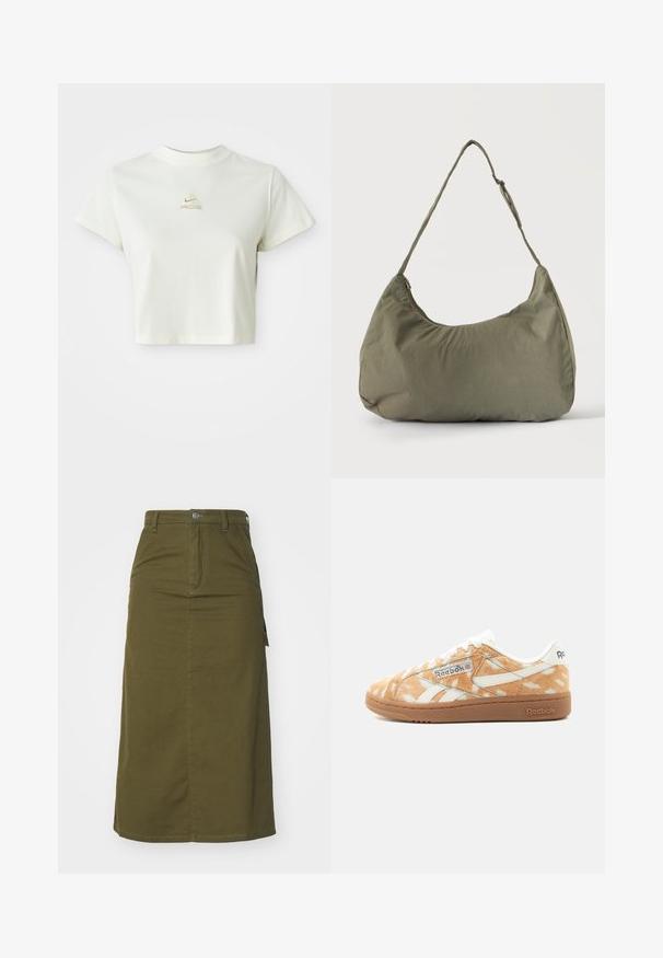 Krátke biele crop tričko s malým béžovým logom Nike ACG umiestneným pod výstrihom.; Olivovozelená bavlnená midi sukňa s rovnými línie, s gombíkovým zapínaním, dvoma bočnými vreckami a malým rozparkom na spodnom okraji pre ľahší pohyb.; Nízkoprofilová teniska Reebok s textúrou svetlohnedého a bieleho škvrnitého kožúška, bielym logom a gumovou podrážkou, zobrazená z boku.; Olivovo zelená mäkká látková taška cez rameno so zipsovým uzáverom a nastaviteľným popruhom na svetlom jednofarebnom pozadí.