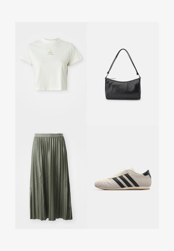 Kurzes weißes cropped T-Shirt mit einem kleinen beigen Nike ACG Logo, das zentriert unter dem Ausschnitt platziert ist.; Faltender Midi-Rock in gedämpftem Grün, aus glänzendem Stoff. Verfügt über einen elastischen Taillenbund und fällt bis zur Wade mit gleichmäßig verteilten vertikalen Falten.; Hellgraue Sneaker mit schwarzen Streifen, abgerundetem Zehenbereich, glattem Lederoberteil, einem Klettverschluss und einer Gummisohle.; Schwarze Leder-Schultertasche mit glatter Textur, geschwungener Form und einem langen Einzelriemen, ausgestattet mit einem Reißverschluss oben.