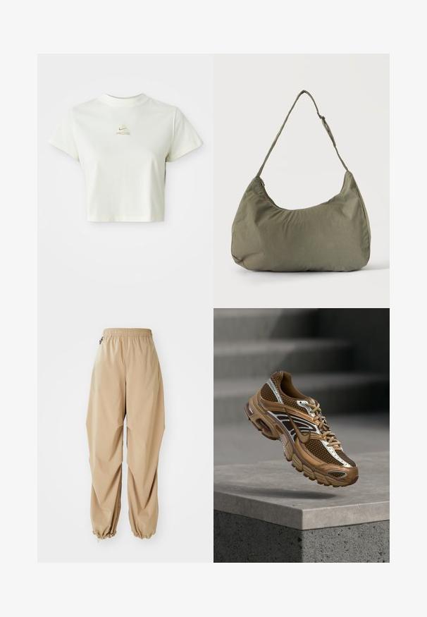 Kort hvid cropped t-shirt med et lille beige Nike ACG-logo centreret under halsudskæringen; Beige letvægtsbukser med elastisk talje, tapered manchetter og en glat tekstur, der har en afslappet pasform og ingen synlige mønstre eller udsmykninger.; Brun og tan Nike sneaker med mesh og reflekterende detaljer, der svæver over en betonbeklædning mod en sløret grå baggrund.; Skuldertaske i blødt olivengrønt stof med lynlås og justerbar rem på ensfarvet, lyst baggrund.