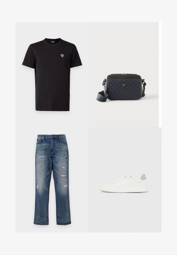 Schwarzes T-Shirt mit kurzen Ärmeln aus glattem Stoff, mit einem dezenten gestickten Logo auf der linken Brust und einem klassischen Rundhalsausschnitt.; Blaue Denim-Jeans mit lockerer Passform, die abgenutzte Flicken und Ausbleichungen aufweisen. Sie haben normale Taschen und sichtbare Nähte.; Weißer Sneaker mit niedrigem Schaft, grauem Fersenlaschen, weißen Schnürsenkeln und einer strukturierten Sohle, dargestellt vor einem schlichten hellen Hintergrund.; Rechteckige dunkelblaue Umhängetasche mit verstellbarem Riemen, Reißverschluss und subtilem Logomuster auf der Vorderseite.