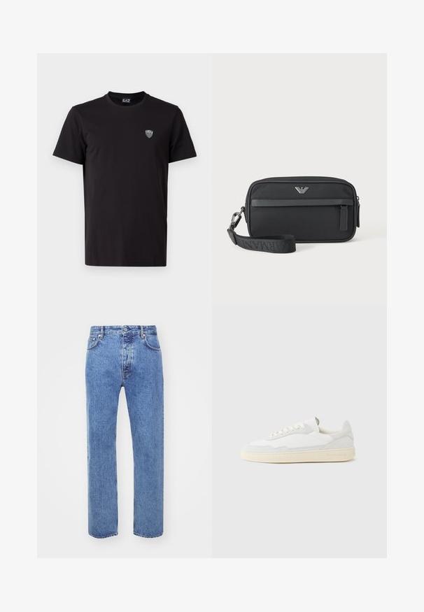Schwarzes T-Shirt mit kurzen Ärmeln aus glattem Stoff, mit einem dezenten gestickten Logo auf der linken Brust und einem klassischen Rundhalsausschnitt.; Won Hundred STEVE - Jeans Relaxed Fit - cut blue; Weißer Sneaker mit strukturiertem Obermaterial aus Wildleder und Leder. Verfügt über eine runde Zehenpartie, Schnürverschluss und eine kontrastierende beige Gummisohle.; Schwarze rechteckige Armbanduhr-Tasche mit vorderer Reißverschlusstasche, silbernem Logo-Emblem und abnehmbarem Riemen mit gebrandetem Text.