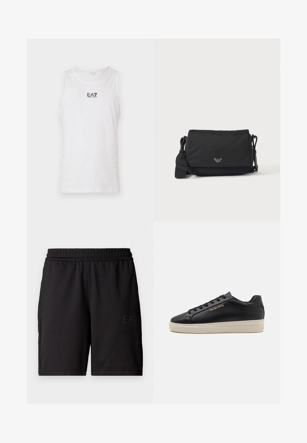 Weißes ärmelloses Top aus Baumwolle mit schwarzem EA7-Logo auf der Brust und rundem Ausschnitt. Glatte Textur, lässiges Design.; Schwarze Sportshorts aus leichtem Material, mit elastischem Bund und seitlichen Netzpaneelen. Markenlogo auf der Vorderseite gedruckt.; Schwarze Leder-Sneaker mit glatter Oberfläche, kontrastierender cremefarbener Sohle, abgerundeter Spitze, goldfarbenem Logo an der Seite und sechs Ösen für die Schnürsenkel.; Schwarze Umhängetasche mit verstellbarem Riemen und kleinem silbernem Logoemblem auf der Vorderklappe, dargestellt auf einfachem hellem Hintergrund.