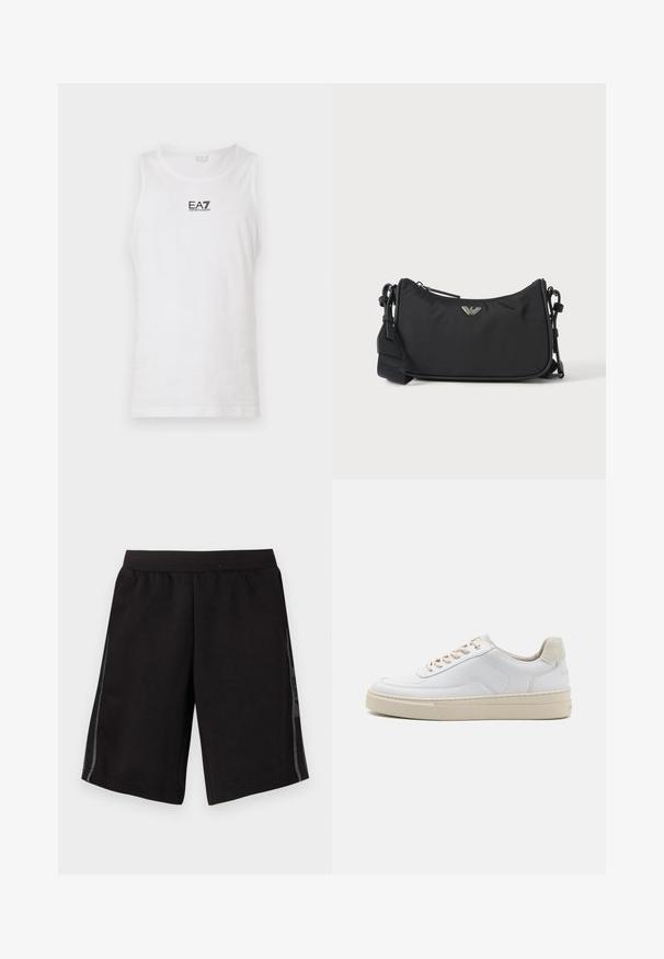 Witte mouwloze tanktop van katoen, met een zwart EA7-logo op de borst en een ronde halslijn. Glad textuur, casual ontwerp.; Zwarte sportshorts met een elastische tailleband, voorzien van zijpanelen van gaas en een logo op het linkerpijpen. Gladde stoftextuur.; Witte sneaker met een gevoerd leren bovenwerk, beige veters en een gestructureerde beige suede hieltab. Verhoogde zool voor extra hoogte.; Zwarte rechthoekige crossbodytas met zilveren merklogo-embleem en verstelbare band op een lichte achtergrond.