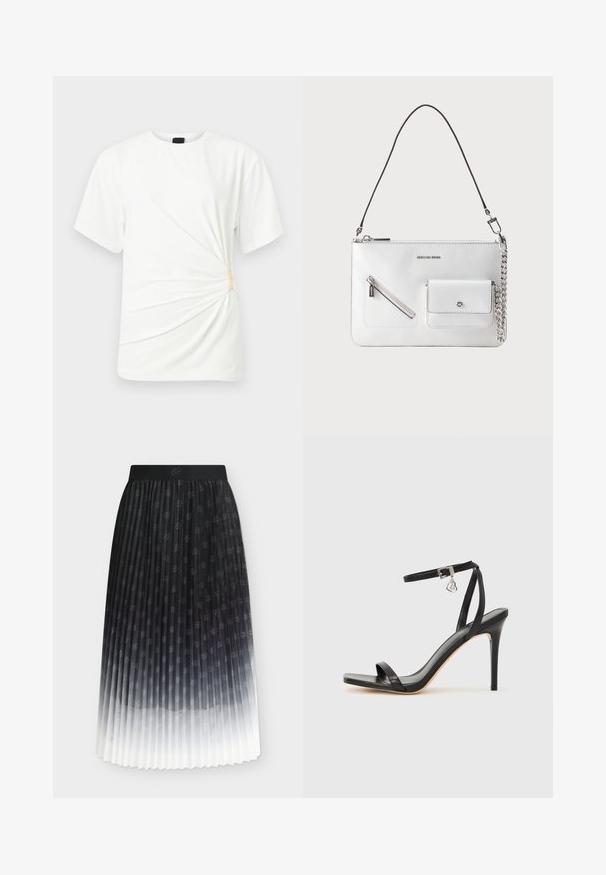 T-shirt blanc à manches courtes avec un col rond et un détail froncé sur le côté maintenu par une petite pince beige.; Jupe plissée ombrée noir et blanc avec un motif floral subtil épars et une ceinture noire unie.; Sandale à talon haut noire avec une bride étroite à la cheville, bout carré, cuir lisse et accent de boucle métallique.; Sac à main en cuir blanc avec bandoulière noire amovible, poche zippée frontale et petite poche avec fermeture à fermoir argenté et détail chaîne.