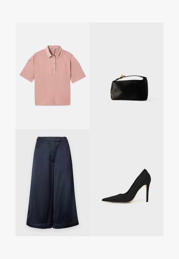 Polo shirt rose à manches courtes avec un col et une patte de boutonnage à quatre boutons. Fabriqué en tissu coton doux, il présente une coupe décontractée.; Pantalon large bleu marine, coupé court, avec passants de ceinture, fermeture éclair à l'avant, et finition satinée lisse, sur un fond clair uni.; Escarpin stiletto noir à talon haut avec bout pointu et texture lisse, présenté de profil sur un fond clair uni.; Pochette en satin noir avec une forme arrondie, une anse supérieure et un fermoir en doré. Texture lisse avec un design minimaliste.