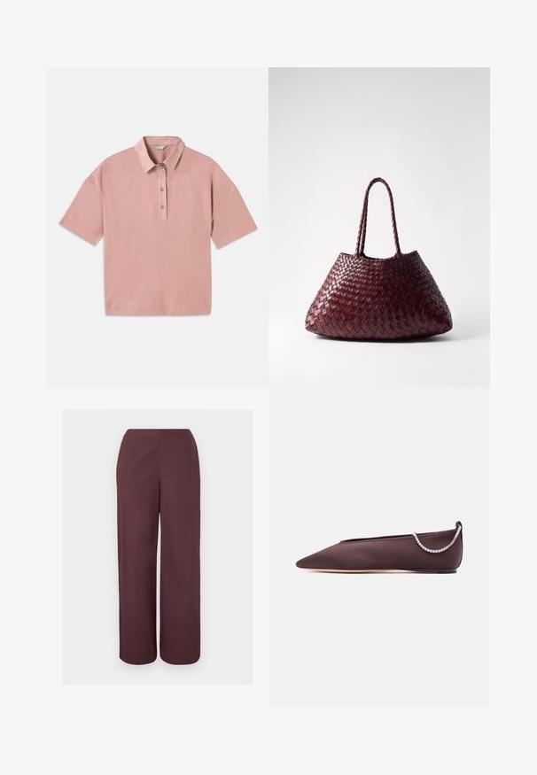 Polo shirt rose à manches courtes avec un col et une patte de boutonnage à quatre boutons. Fabriqué en tissu coton doux, il présente une coupe décontractée.; Pantalon marron taille haute à jambes larges avec un devant lisse et des poches latérales, présenté sur un fond clair uni.; Chaussure plate marron foncé à bout pointu avec un petit talon et un détail chaîne en strass argentée à l'arrière.; DRAGON DIFFUSION SANTA CROCE BIG - Sac à main - bordo