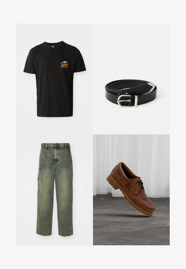 Sort bomulds t-shirt med korte ærmer og rund halsudskæring, prydet med et lille orange og hvidt grafisk logo på venstre brystområdet.; Slidse denim jeans i en falmet blå og grøn vask. Har en knaplukning, bælteløkker og sidelommer. Flad front og lige ben-design.; Brun læder bådsko med sorte snørebånd, beige syninger og en robust sål, hængende over en grå betongulv.; Sort læderbælte med en sølvmetalsnore, der har et klassisk design og en glat tekstur. Indeholder huller til justerbar pasform.