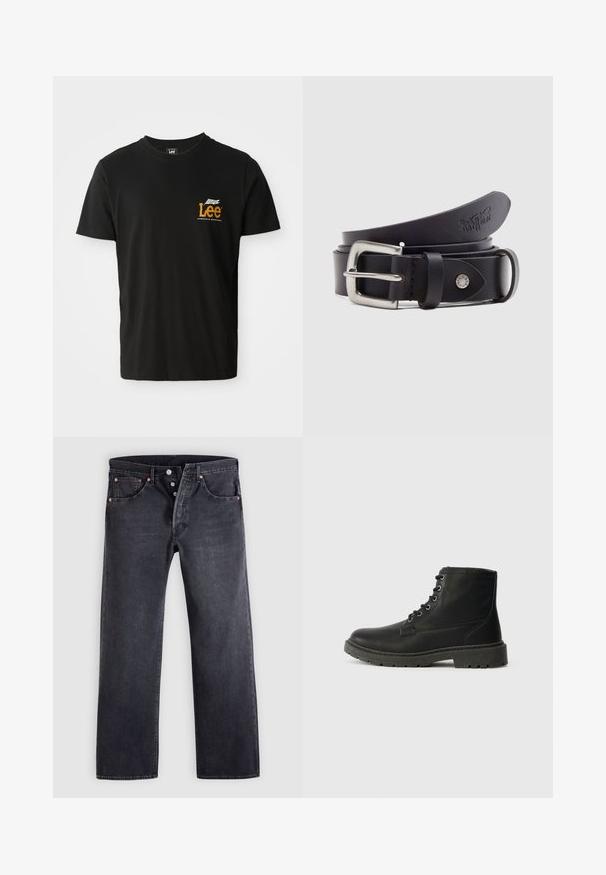 Sort bomulds t-shirt med korte ærmer og rund halsudskæring, prydet med et lille orange og hvidt grafisk logo på venstre brystområdet.; Sorte denimjeans med lige snit, fem-lommer design og kobberknapdetaljer. Glat tekstur med let falmet finish.; Sort læder ankelstøvle med snørebånd, tyk gummisål, tekstureret overflade og forstærket syning. Har minimalistisk branding.; Sort læderbælte med spænde i sølvmetal, en trykknap til justering og prægede detaljer på læderet. Glat tekstur over det hele.