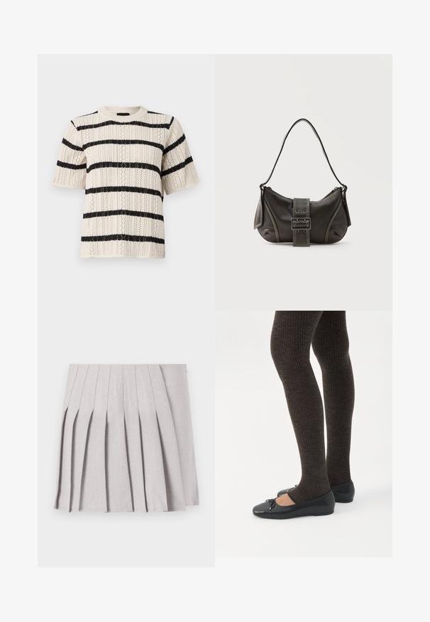 Suéter de punto de manga corta con base crema y rayas horizontales negras, patrón texturizado y escote redondo.; Falda gris con pliegues y una textura suave, que presenta múltiples pliegues verticales y una cintura ajustada. Fabricada con un tejido ligero.; Piernas con leggings oscuros acanalados combinados con bailarinas negras que presentan pequeños detalles de lazo sobre un fondo blanco.; Bolso de hombro de cuero negro con detalle de correa con hebilla, bordes curvos y costuras blancas en contraste sobre un fondo liso.