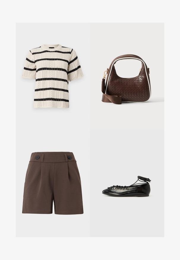 Suéter de punto de manga corta con base crema y rayas horizontales negras, patrón texturizado y escote redondo.; Pantalones cortos marrones hechos de una tela texturizada, con una cintura alta, pliegues y dos botones negros en la parte delantera. Diseño ajustado con bolsillos laterales.; Zapatos planos tipo ballet de charol negro con punta redondeada, diseño con cordones y suela plana. Textura lisa con detalles mínimos.; Bolso de mano de piel trenzada marrón con ribete blanco, cremallera dorada y correa de hombro de tela marrón desmontable.