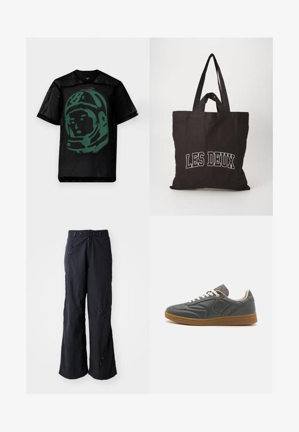 Chemise à manches courtes en mesh noir avec un graphisme vert représentant le visage d'un astronaute à l'avant. Légère avec un design en col en V.; Pantalons noirs, légers et à jambes larges avec une finition texturée. Présente des accents bleus et des cordons pour un ajustement. Fermeture éclair.; Baskets en cuir gris foncé avec un bout arrondi, lacets blancs, semelle en caoutchouc beige et légers accents en tissu gris au niveau du col. Détail du logo doré.; Sac fourre-tout en toile noire avec deux poignées robustes, avec un texte blanc indiquant "LES DEUX" à l'avant, texture lisse, forme rectangulaire.