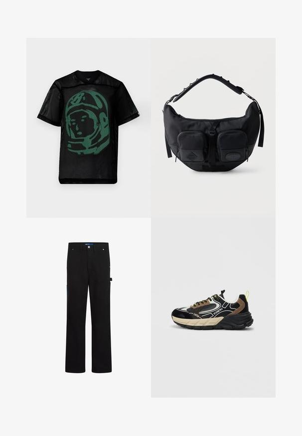 Chemise à manches courtes en mesh noir avec un graphisme vert représentant le visage d'un astronaute à l'avant. Légère avec un design en col en V.; Pantalons cargo noirs à coupe droite, avec deux poches avant, une poche arrière et des accents bleus sur le côté et la ceinture.; Baskets chunky noires, beiges et brunes avec des accents jaunes, texture en nid d'abeille, logo "ICEBERG" et texte "1974" sur le côté.; Sac d'épaule noir en forme de croissant avec bandoulière rembourrée réglable et deux poches avant zippées avec tirettes.