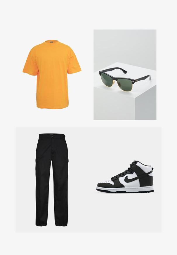 Orange bomulds t-shirt med rund halsudskæring, korte ærmer og en afslappet pasform. Ingen mønstre eller detaljer. Glat tekstur.; Sorte cargo bukser med lige pasform, der har sidelommer, knaplukning og elastiske manchetter ved anklerne. Fremstillet af slidstærkt stof.; Sort og hvid høj-top sneakers med læderoverdel, perforeret tåboks, fremtrædende swoosh-logo og struktureret gummisål.; Ray-Ban solbriller med grønne linser, sorte plastikstel og gyldne detaljer ved kanterne. Firkantet form med mat finish.