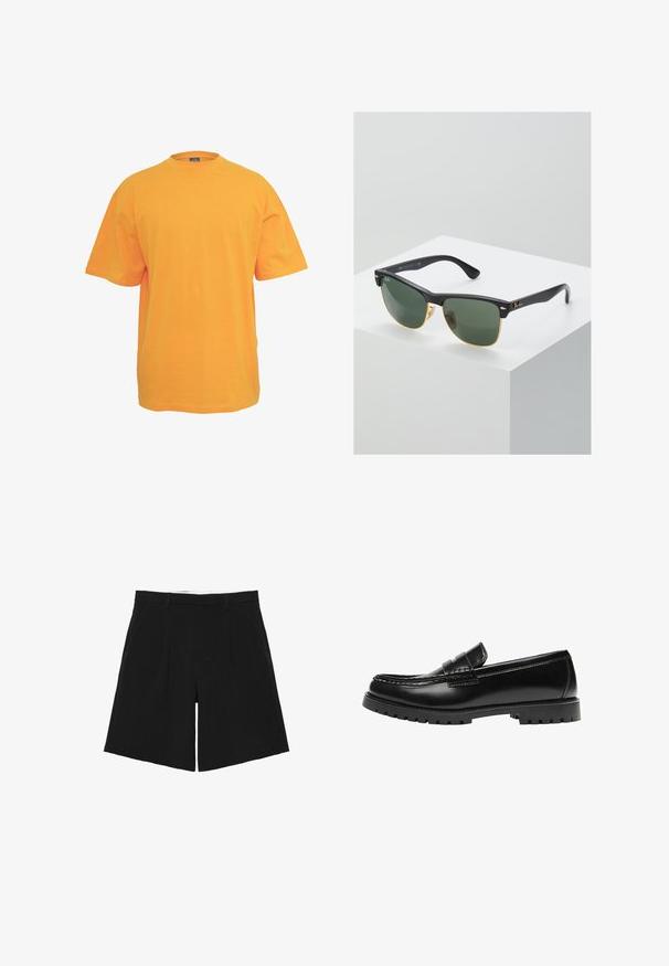 Orange bomulds t-shirt med rund halsudskæring, korte ærmer og en afslappet pasform. Ingen mønstre eller detaljer. Glat tekstur.; Sorte skræddersyede shorts med bæltestropper, forreste læg og sidelommer, lagt fladt på en hvid baggrund.; Sort læderloafer med en kraftig gummisål og klassiske penny-strap detaljer, vist fra ydersiden.; Ray-Ban solbriller med grønne linser, sorte plastikstel og gyldne detaljer ved kanterne. Firkantet form med mat finish.