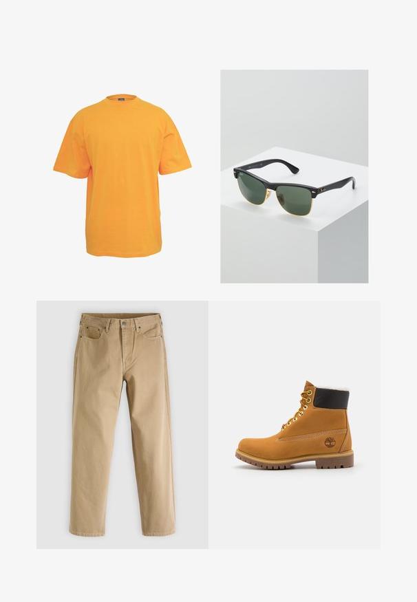 Oranje katoenen t-shirt met een ronde hals, korte mouwen en een relaxed fit. Geen patronen of accenten. Coffee textuur.; Beige katoenen broek met recht model, vijfzakkenstijl, subtiele stiksels en een metalen knoop aan de voorkant.; Bruine leren enkellaars met metalen oogjes, witte faux bont voering, zwarte gewatteerde kraag, robuuste zool en een reliëflogo aan de zijkant.; Ray-Ban zonnebrillen met groene lenzen, zwarte plastic monturen en gouden accenten aan de randen. Vierkante vorm met een matte afwerking.