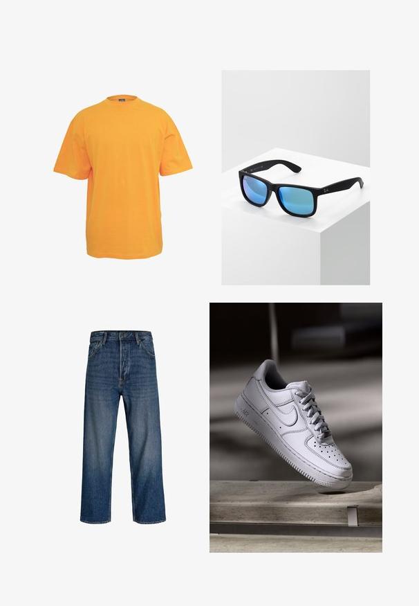 Orange bomulds t-shirt med rund halsudskæring, korte ærmer og en afslappet pasform. Ingen mønstre eller detaljer. Glat tekstur.; Denim jeans med lige ben-design, mørkeblå farve og subtil udvaskning. Har fem lommer og lukke med knap.; Hvid læder Nike Air Force 1 sneaker med perforeret tå, flade snørebånd og tekstureret gummisål med "AIR" branding på siden.; Sorte rektangulære solbriller med blå spejlende linser. Har en mat finish og Ray-Ban-logoet på stængerne.