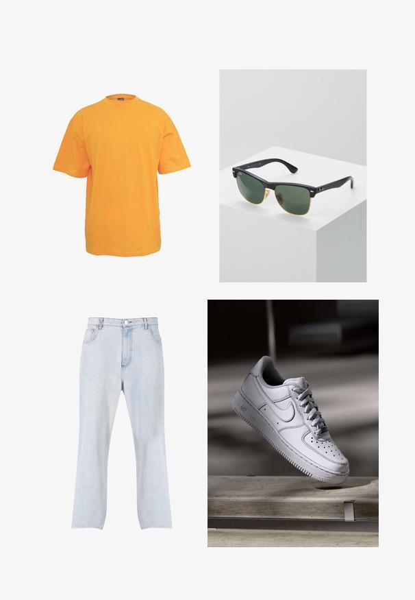 Oranges Baumwoll-T-Shirt mit rundem Halsausschnitt, kurzen Ärmeln und lockerer Passform. Keine Muster oder Akzente. Glatte Textur.; Hellblaue Denim-Jeans mit geradem Bein, vorderer Knopf- und Reißverschluss und Fünf-Taschen-Design.; Weißer Nike Air Force 1 Sneaker aus Leder mit perforierter Zehenpartie, flachen Schnürsenkeln und strukturierter Gummisohle mit "AIR"-Branding an der Seite.; Ray-Ban Sonnenbrillen mit grünen Gläsern, schwarzen Kunststoffrahmen und goldenen Akzenten an den Rändern. Quadratische Form mit matter Oberfläche.
