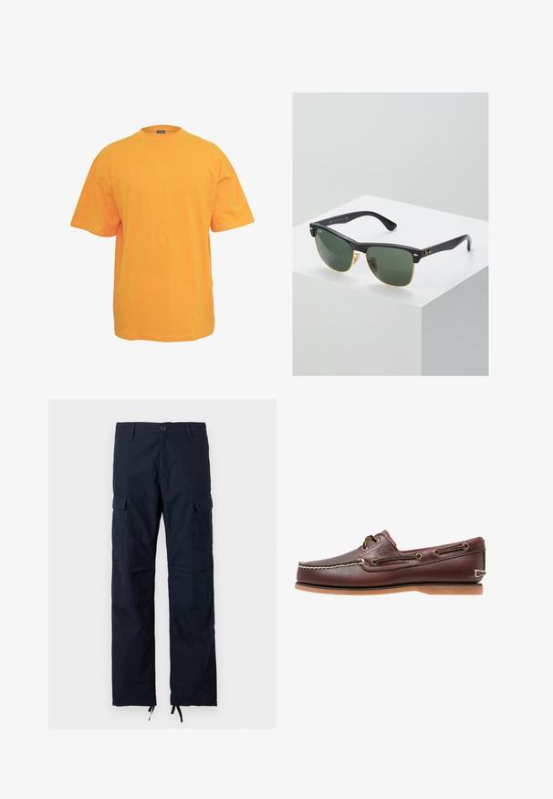 Orange bomulds t-shirt med rund halsudskæring, korte ærmer og en afslappet pasform. Ingen mønstre eller detaljer. Glat tekstur.; Navy cargobukser med knaplukning, bæltestropper, sidelommer med klap og justerbare snore forneden ved anklerne.; Brun læder bådsko med hvide sømme, snøre detaljer og lysbrun gummisål, vist fra siden på hvid baggrund.; Ray-Ban solbriller med grønne linser, sorte plastikstel og gyldne detaljer ved kanterne. Firkantet form med mat finish.