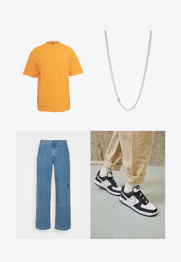 Orange bomulds t-shirt med rund halsudskæring, korte ærmer og en afslappet pasform. Ingen mønstre eller detaljer. Glat tekstur.; Lysblå denim jeans med en afslappet pasform, der har patchwork-paneler, knaplukning i toppen, fem-lomme design og subtil branding på benet.; Sorte og hvide Nike Air Force 1 sneakers med læderoverdel, perforeret tå og tekstureret såldetalje, båret med rullede beige bukser og hvide sokker.; Sølv kædedesign med sammenkoblede led, glat tekstur og ensartet rektangulær form. Sikker lukning.