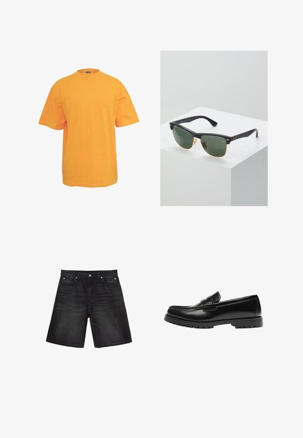 Oranges Baumwoll-T-Shirt mit rundem Halsausschnitt, kurzen Ärmeln und lockerer Passform. Keine Muster oder Akzente. Glatte Textur.; Schwarze Jeansshorts mit vorderer Knopfleiste und Reißverschluss, Gürtelschlaufen und Fünf-Taschen-Design, flach auf weißem Hintergrund liegend.; Schwarzer Leder-Slipper mit dicker Gummisohle und klassischem Penny-Detail an der Riemen, von der Außenseite gezeigt.; Ray-Ban Sonnenbrillen mit grünen Gläsern, schwarzen Kunststoffrahmen und goldenen Akzenten an den Rändern. Quadratische Form mit matter Oberfläche.