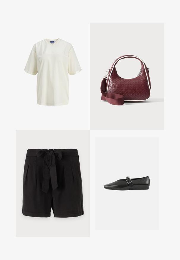 Off-white kurzärmeliges V-Ausschnitt-Sportshirt mit perforiertem Mesh-Material und glattem oberen Brustpanel.; Schwarze Baumwollshorts mit einem Bindegürtel in der Taille, Falten an der Vorderseite und Seitentaschen. Glatte Textur und lässiges Design.; Schwarze Lederflachschuhe mit spitzem Zehenbereich, ausgestattet mit einem metallischen Riemen über dem Spann und einer niedrigen, flexiblen Sohle.; Dunkelrote gewebte Ledertasche mit gebogenem Griff, weißem Besatz, silbernem Reißverschluss und abnehmbarem breitem Stoff-Schulterriemen vor einfarbigem Hintergrund.