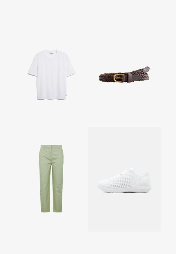 Camiseta de algodón blanca con mangas cortas, un escote redondo y un corte relajado. Sin patrones ni logos visibles. Textura suave.; Pantalones de algodón verde claro con corte recto, que cuentan con una cinturilla, bolsillos frontales y una textura suave. Sin patrones ni adornos visibles.; Zapatilla blanca ligera sin cordones con parte superior de malla transpirable y una lengüeta en el talón sobre un fondo claro liso.; Cinturón trenzado de cuero marrón con hebilla metálica de tono dorado y extremos cosidos de cuero, enrollado sobre un fondo blanco.
