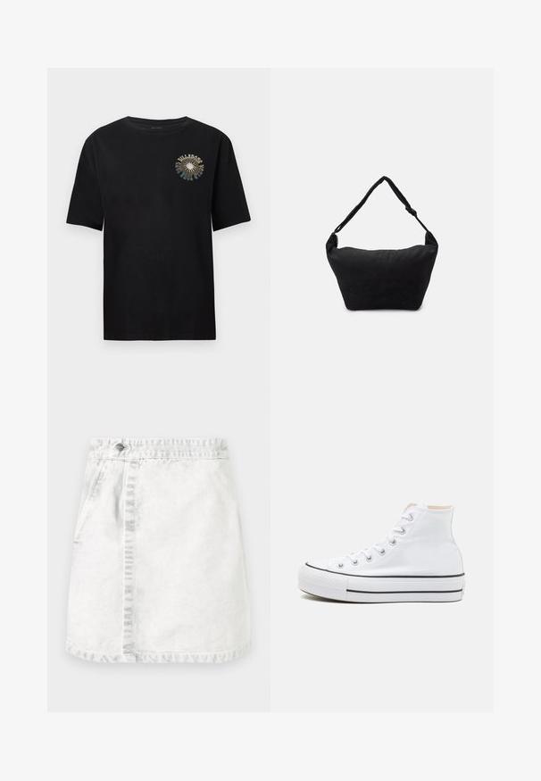 Μαύρο κοντομάνικο T-shirt από μαλακό βαμβάκι. Διαθέτει πολύχρωμο γραφικό σχέδιο στο στήθος με το κείμενο "BULLDOGS". Κλασικό σχέδιο γύρω από τον λαιμό.; Δερμάτινη φούστα σε ανοιχτό γκρι. Σχέδιο A-line με μπροστινές τσέπες, ορατή ραφή κατά μήκος του κέντρου και ένα μόνο μεταλλικό κουμπί στη μέση.; Λευκά ψηλά αθλητικά παπούτσια από καμβά, με μαύρη καουτσούκ σόλα και αντίθετη μαύρη ρίγα στη μεσόσολα. Κυκλική μύτη και σχέδιο με κορδόνια.; Μαύρη υφασμάτινη τσάντα ώμου με μαλακή υφή, στρογγυλή μορφή και έναν μόνο ιμάντα. Μινιμαλιστικός σχεδιασμός χωρίς ορατό υλικό ή αξεσουάρ.