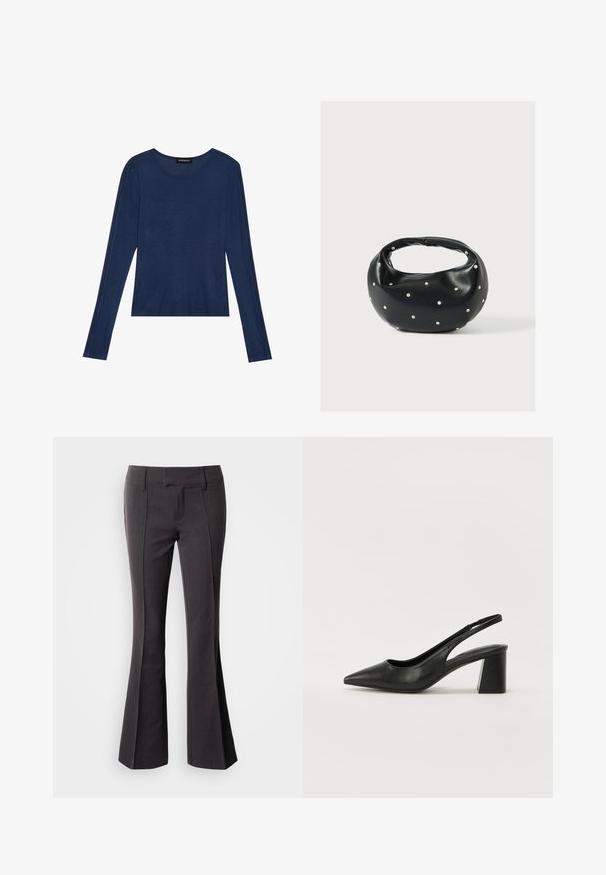 Top de manga larga navy en tejido suave, con escote redondo y costuras planas en las mangas, con un ajuste relajado.; Pantalones acampanados de color gris oscuro con una textura suave, que presentan una cintura ajustada y costuras frontales para un aspecto entallado.; Tacones de slingback de cuero negro con punta afilada y tacón cuadrado. Presentan un diseño recortado y una textura suave, minimalista y moderna.; Bolso de mano de cuero negro con forma redondeada, decorado con detalles de tachuelas plateadas y un asa corta. Textura lisa y cierre con cremallera.