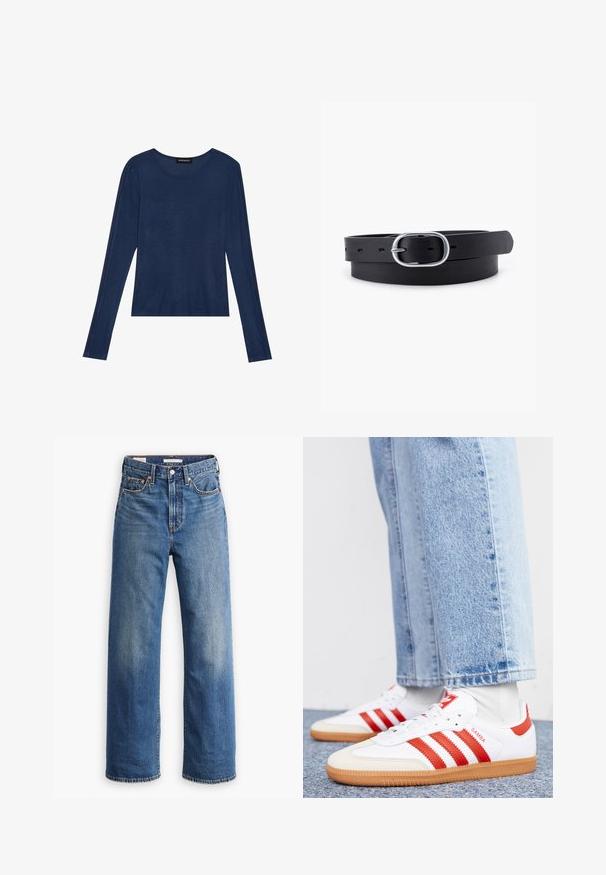 Top de manga larga navy en tejido suave, con escote redondo y costuras planas en las mangas, con un ajuste relajado.; Vaqueros de mezclilla azul claro con cintura alta, diseño de pierna ancha, estilo clásico de cinco bolsillos y un sutil desgaste en la tela.; Zapatillas de cuero blancas con rayas y detalles rojos. Cuentan con una suela de goma texturizada y un collar acolchado. Llevadas con denim azul claro.; Cinturón de cuero negro con una textura suave, hebilla ovalada de metal plateado y múltiples agujeros de ajuste a lo largo de la correa. Diseño plano y minimalista.