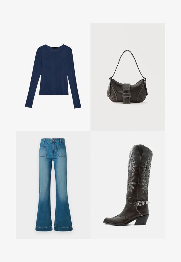 Mørkeblå bluse med lange ærmer i blødt stof, har en rund halsudskæring og flade sømme langs ærmerne, med en afslappet pasform.; Blå højtaljede denimjeans med forreste patchlommer og svajede ben, med knap- og lynlåslukning.; Sort læder cowboystøvle med dekorative udskæringer, sølvspænde og skrå hæl, vist på hvid baggrund.; Sort læder skuldertaske med spænde på remmen, afrundede kanter og kontrasterende hvide syninger på en ensfarvet baggrund.