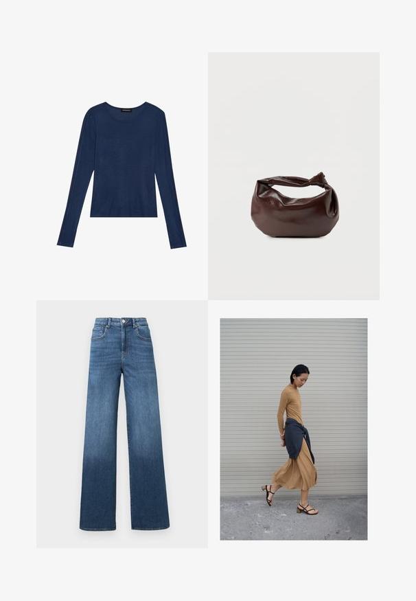 Mørkeblå bluse med lange ærmer i blødt stof, har en rund halsudskæring og flade sømme langs ærmerne, med en afslappet pasform.; Bredbukser i denim i medium blå med en gradvis lysnende effekt mod kanten, som har en standard knap- og lynlåslukning.; Kvinde iført en lang beige kjole og sorte sandaler med en mørk trøje bundet omkring taljen foran en lukket rullegardin.; Mørkebrun læder skuldertaske med en blød, afslappet form og et snoet knudehåndtag på en ensartet hvid baggrund.