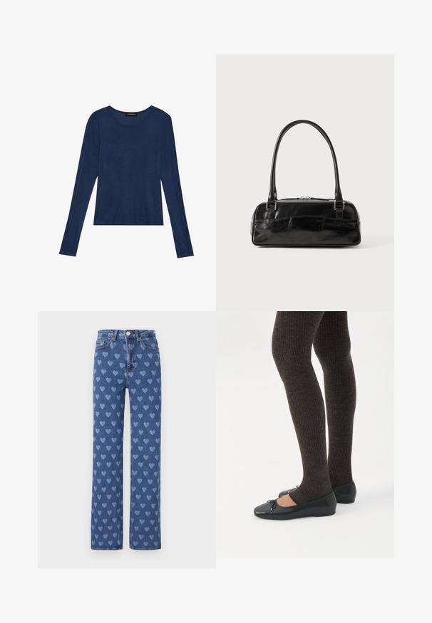 Mørkeblå bluse med lange ærmer i blødt stof, har en rund halsudskæring og flade sømme langs ærmerne, med en afslappet pasform.; Blå denim jeans med lige snit, der har et gentaget lyseblåt hjerte mønster, kobberknapper og traditionelt fem-lomme design.; Ben iført mørke ribbede leggings kombineret med sorte balletsko med små sløjfedetaljer på hvid baggrund.; Sort læderhåndtaske med rektangulær form, der har et enkelt struktureret håndtag, sølvhardware og lynlås-lukning. Glat tekstur.