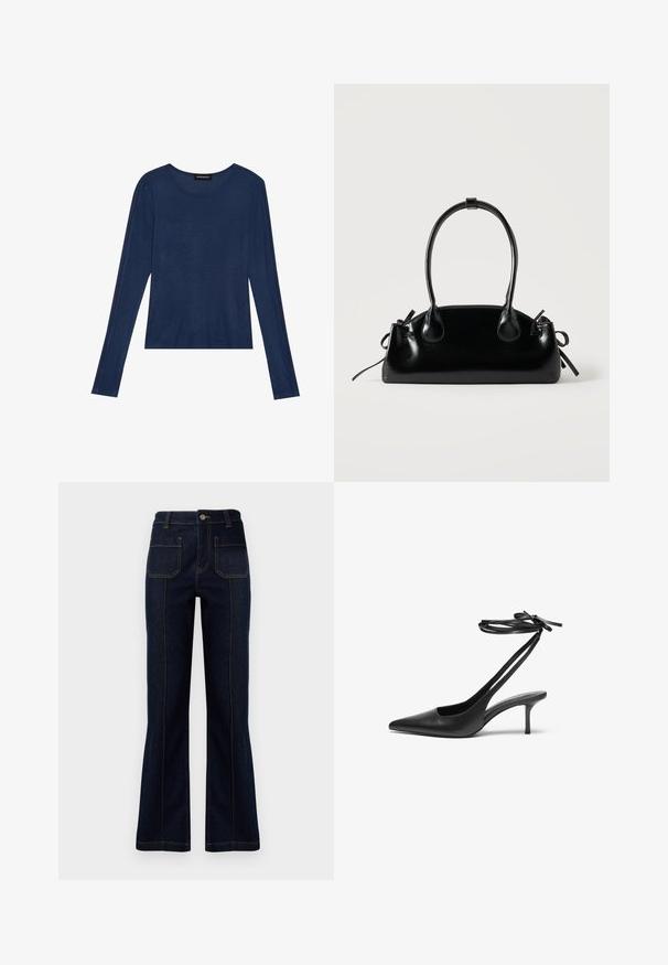 Mørkeblå bluse med lange ærmer i blødt stof, har en rund halsudskæring og flade sømme langs ærmerne, med en afslappet pasform.; Mørkeblå, flagrende jeans lavet af denim, med høj talje, to baglommer og synlig syning langs sømmene.; Sorte læder stiletto sko med spids tå, åben bag, og ankelstropper bundet i en sløjfe. Slank 3-tommers hæl. Glat overflade, minimalistisk design.; Lille sort blank håndtaske med to lange håndtag og snøre-detaljer i siden på en ensfarvet lys baggrund.