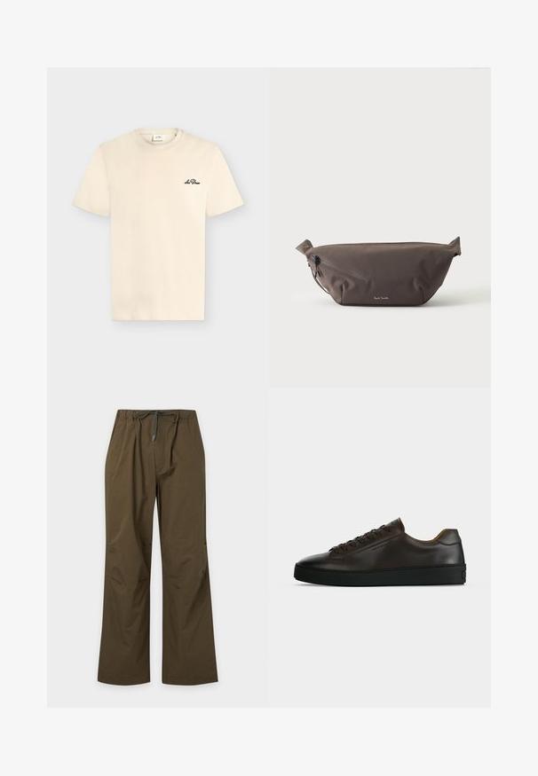 T-shirt crème à manches courtes, col rond, avec petit logo noir "Les Deux" sur le côté gauche de la poitrine.; Pantalon décontracté vert olive avec taille élastique et cordon de serrage à l'avant, coupe droite et coupe décontractée.; Baskets basses en cuir marron foncé avec semelle en caoutchouc noire, lacets à l'avant et design minimaliste épuré sur fond clair.; Sac banane en tissu marron foncé avec poche zippée en diagonale et petit logo blanc sur le devant, sur un fond clair uni.