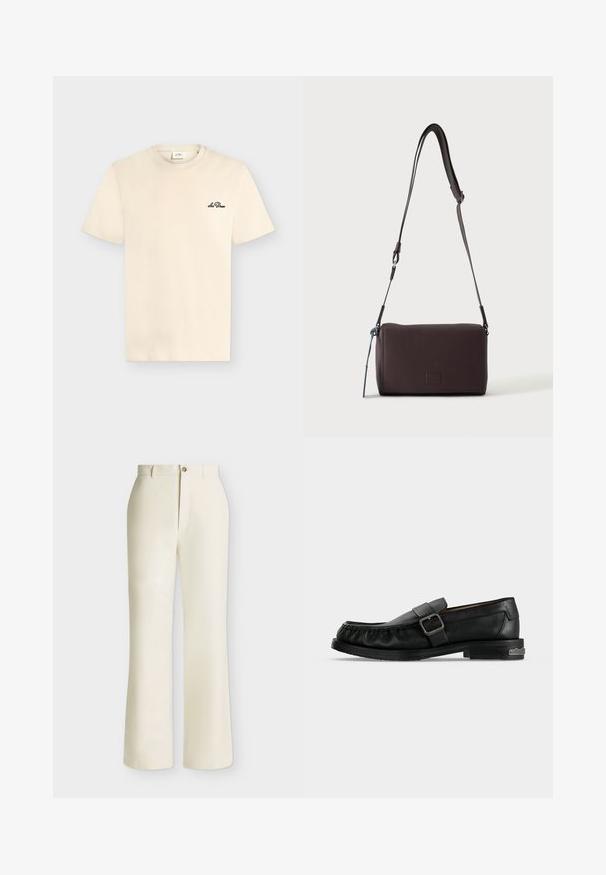 T-shirt crème à manches courtes, col rond, avec petit logo noir "Les Deux" sur le côté gauche de la poitrine.; Pantalon crème taille haute à jambes larges, avec passants pour ceinture et fermeture avant par bouton et zip sur fond uni.; Mocassin en cuir noir avec une bride à boucle, détails cousus autour de la pointe, et un petit talon avec un accent métallique.; Sac bandoulière en cuir marron foncé texturé avec une sangle réglable et un petit accent décoratif bleu sur le côté.