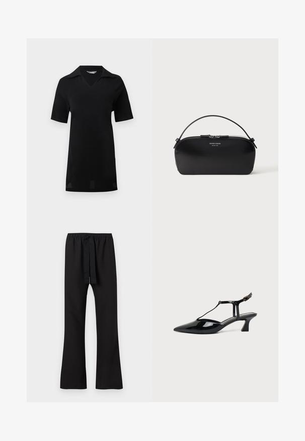 Robe noire à manches courtes avec col et encolure en V, longueur genou, présentée sur un fond clair uni.; Pantalon noir évasé avec une taille à cordon. Confectionné dans un tissu lisse, il présente une coupe décontractée et des lignes épurées. Pas de poches visibles.; Chaussure slingback en cuir verni noir à bout pointu avec bride en T et petit talon bloc incliné sur fond blanc.; Petit sac bracelet en cuir noir avec fermeture éclair argentée et poignée courte, logo Emporio Armani Milano 1981 embossé sur le devant.