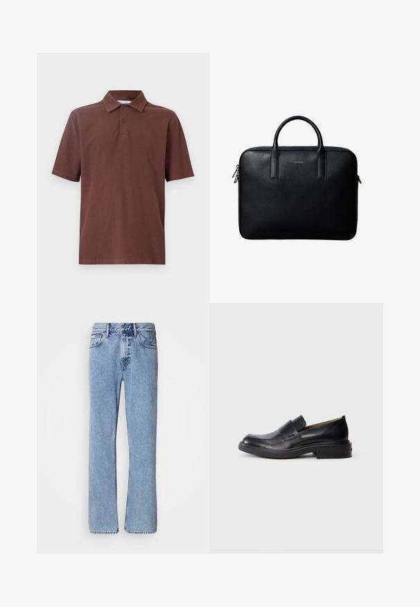 Brun polo-shirt lavet af åndbart stof, med en klassisk krave og tre-knaps placket, samt et diskret logo på brystet.; Lyseblå denimjeans med lige ben design, fem lommer og knaplukning. Syninger nær lommer og talje.; Sorte læder slip-on dress sko med lav hæl og subtil Calvin Klein logo på siden, vist i profil på en hvid baggrund.; Sort tekstureret lædermappe med dobbelte håndtag og sølv lynlås, centreret på hvid baggrund.