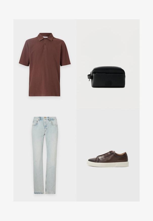 Camiseta polo marrón hecha de tela transpirable, con un cuello clásico y una tapeta de tres botones, con un logo sutil en el pecho.; Jeans de denim azul claro con corte recto, diseño de cinco bolsillos y cremallera. La tela presenta un ligero desgaste para un aspecto usado.; Zapatilla de cuero marrón con punta redondeada, suela de goma blanca en contraste, detalles cosidos y sin cordones visibles. Textura suave en general.; Bolsa de aseo de cuero texturizado negro con bolsillo delantero con cremallera y pestaña lateral, forma rectangular, parche con logo HUGO en el frente.