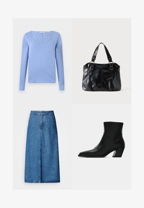 Top de manga larga azul claro con escote en V, hecho de una suave tela texturada, que presenta una costura a lo largo del escote y un dobladillo recto.; Falda midi de mezclilla con un corte relajado, presenta una cintura alta, dobladillo deshilachado y color azul sólido. Diseño sencillo sin adornos visibles.; Bota de tobillo de cuero negro con punta afilada, una silueta elegante y un tacón cuadrado grueso. Textura suave con detalles de costura mínimos.; Bolso de cuero negro para el hombro con doble asa unida por anillas y remaches dorados, superficie lisa y ligeramente brillante, diseño sencillo.