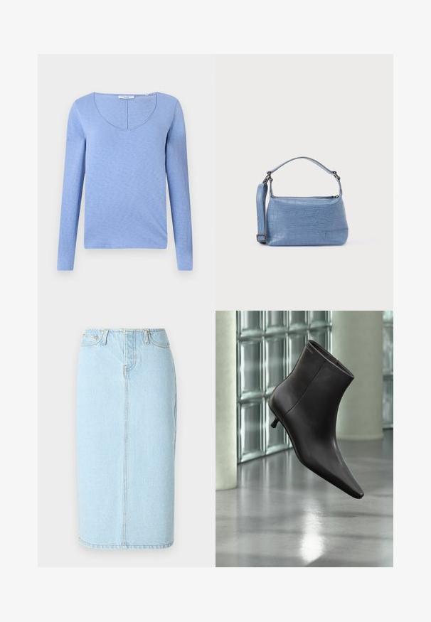 Top de manga larga azul claro con escote en V, hecho de una suave tela texturada, que presenta una costura a lo largo del escote y un dobladillo recto.; Minifalda de mezclilla azul claro con cintura alta, diseño de cinco bolsillos y sutiles detalles de costura a lo largo de las costuras.; Bota de cuero negro para el tobillo con puntera puntiaguda y tacón pequeño, exhibida frente a una pared de bloques de vidrio y un suelo pulido.; Bolso azul claro con relieve de cocodrilo, asa corta y correa de hombro desmontable. Textura lisa con cierre de cremallera.
