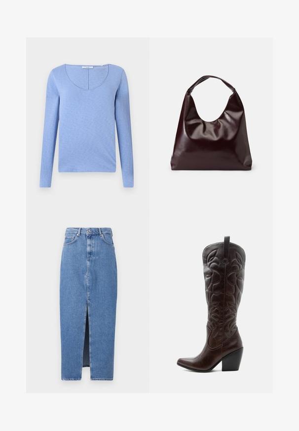 Top de manga larga azul claro con escote en V, hecho de una suave tela texturada, que presenta una costura a lo largo del escote y un dobladillo recto.; Falda midi de mezclilla azul claro con una abertura frontal, diseño clásico de cinco bolsillos y cierre con botón en la parte superior. La tela tiene una ligera textura.; Bota vaquera alta de cuero marrón oscuro con patrones decorativos cosidos, punta puntiaguda y tacón de bloque apilado.; Bolso tote vegan de cuero brillante en burdeos, con una forma suave y escultórica y un asa ancha y curvada para facilitar el transporte.