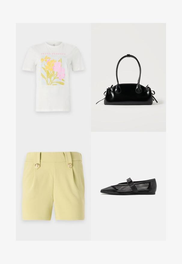 T-shirt en coton blanc avec un imprimé floral coloré comprenant des fleurs jaunes et roses, avec le texte encadré "PETAL PERFECT" en rose, sur un fond bleu clair.; Shorts jaune clair en tissu lisse, avec deux plis à l'avant et des boutons décoratifs dorés sur la taille. Design ajusté.; Chaussure plate noire avec un bout pointu, panneaux latéraux en maille et une sangle avec une boucle décorative. Fini lisse sur les sections du bout et du talon.; Petit sac à main noir brillant avec deux longues anses et des détails à cordon sur les côtés sur un fond clair uni.