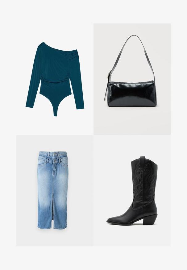 Teal lang-van-mouw bodysuit met een schouderontwerp, gerimpelde textuur aan één kant en een gladde afwerking. Beschikt over een slipcut aan de onderkant.; Lichtblauwe denim rok met een voorsplit, sluiting met twee knopen, een hoge taille en een standaard vijf-pocketontwerp. Soepele textuur, halflang.; Zwarte leren cowboylaars met een spitse neus, gegraveerde draaiende patronen en een halfhoge hak. Voorzien van een trekhaak voor gemakkelijk aan- en uittrekken.; Zwarte rechthoekige schoudertas met een enkele verstelbare band en een bovenste ritssluiting op een effen achtergrond.